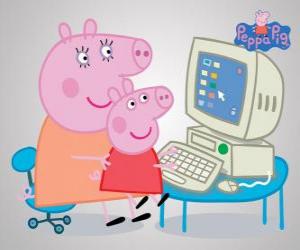 пазл Peppa Pig и ее мать в компьютере